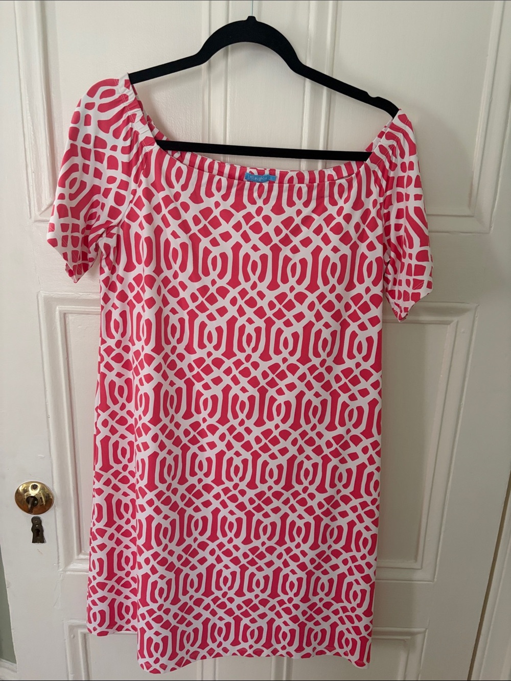 J. McLaughlin Pink and White Geometric Off-Shoulder Mini Dress